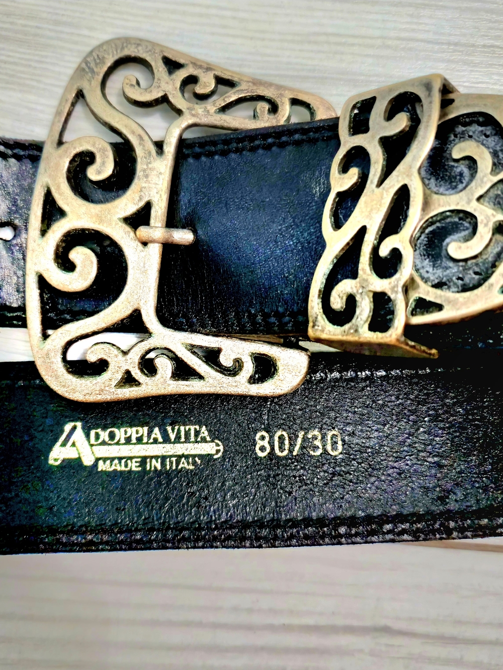 ADOPPIA ViTA Vintage Italian Black Leather Belt with Gold Filigree Hardware